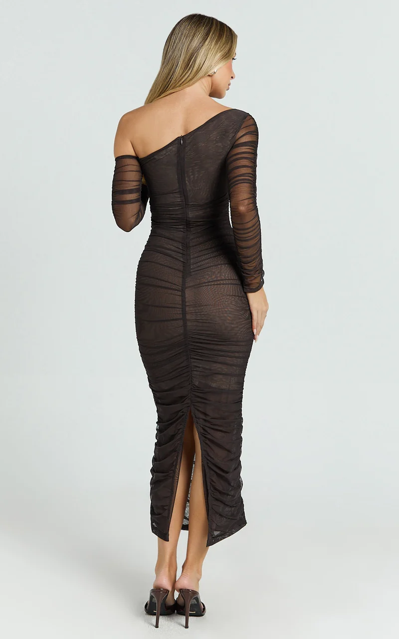 Ellen Midi Dress - Asymmetric Mesh Ruched Bodycon Dress in Brown
