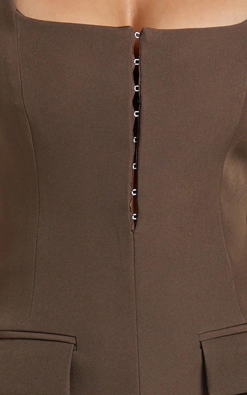 Marcia Mini Dress - Scoop Neck Hook And Eye Front Bodice Fitted Dress in Brown