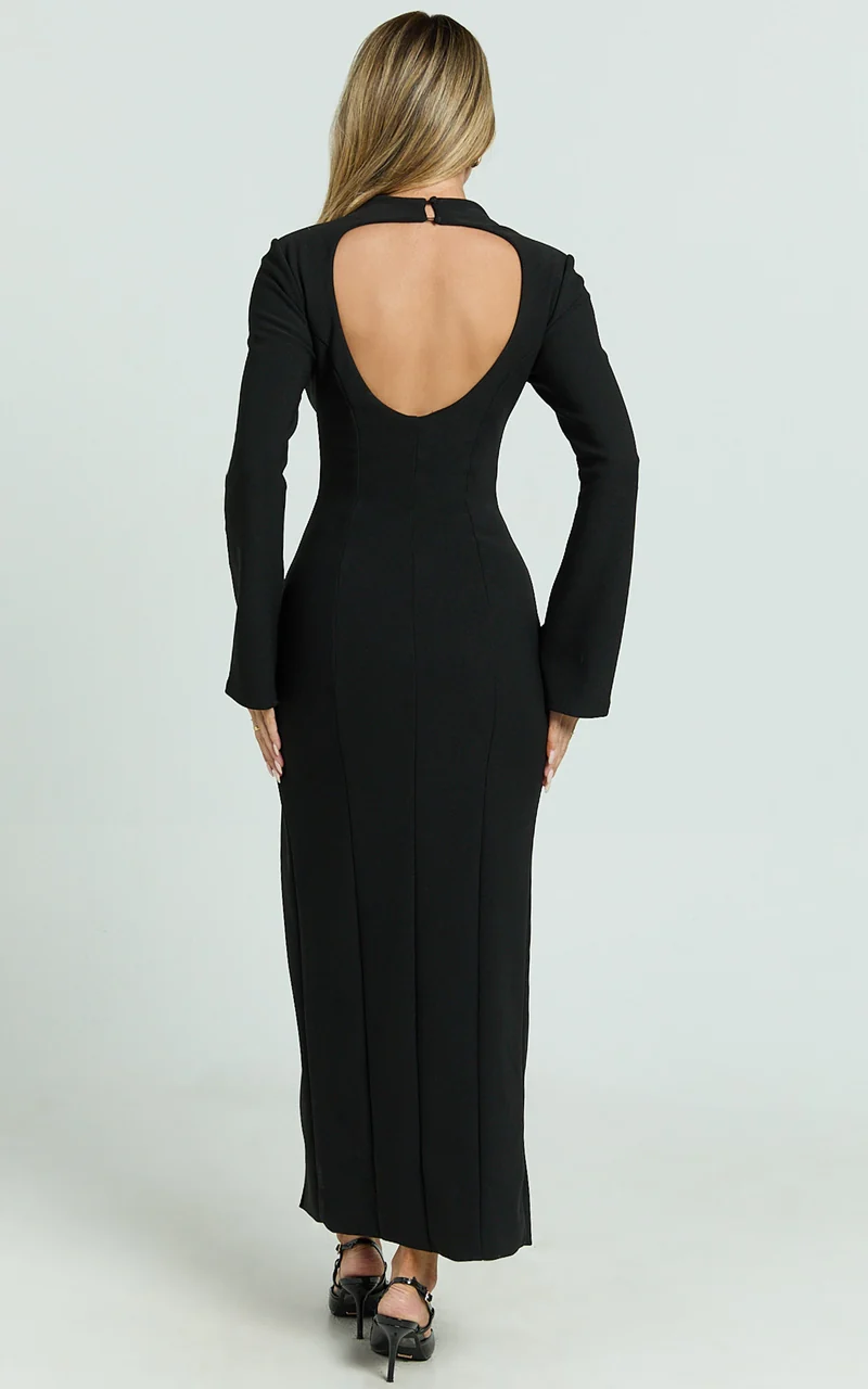 Finley Midi Dress - High Neck Long Sleeve Leg Split Bodycon Dress in Black