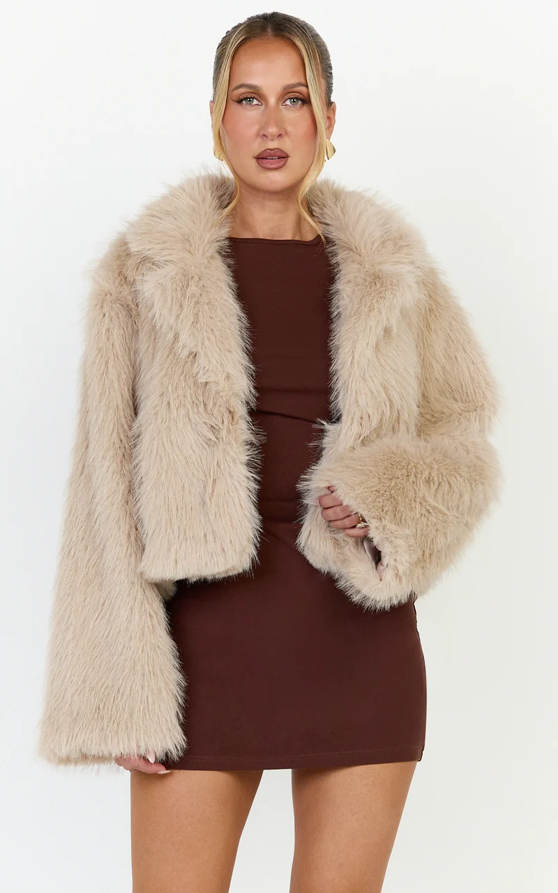 Charisse Coat - Oversized Crop Faux Fur Coat in Light Brown