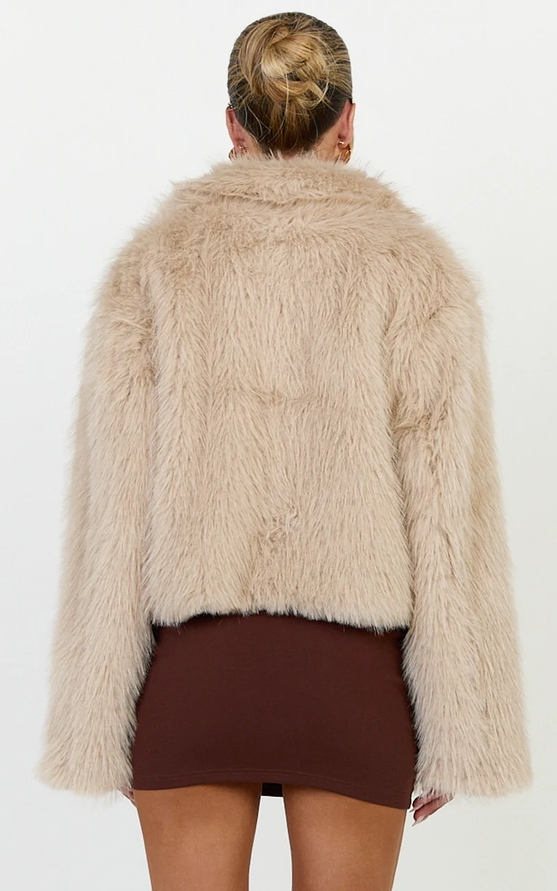 Charisse Coat - Oversized Crop Faux Fur Coat in Light Brown