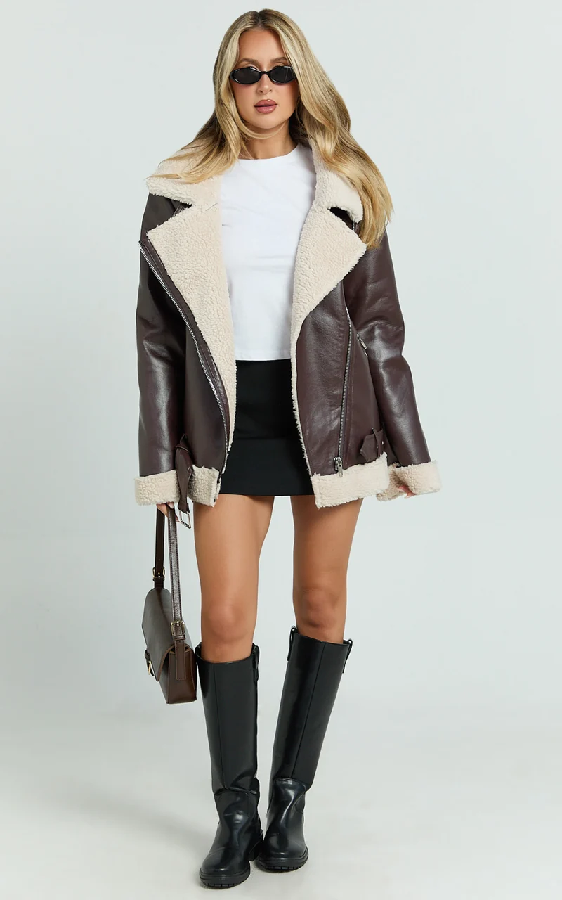 Claudette Jacket - Faux Leather Shearling Oversized Biker Jacket in Dark Chocolate
