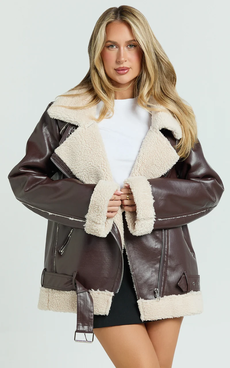 Claudette Jacket - Faux Leather Shearling Oversized Biker Jacket in Dark Chocolate