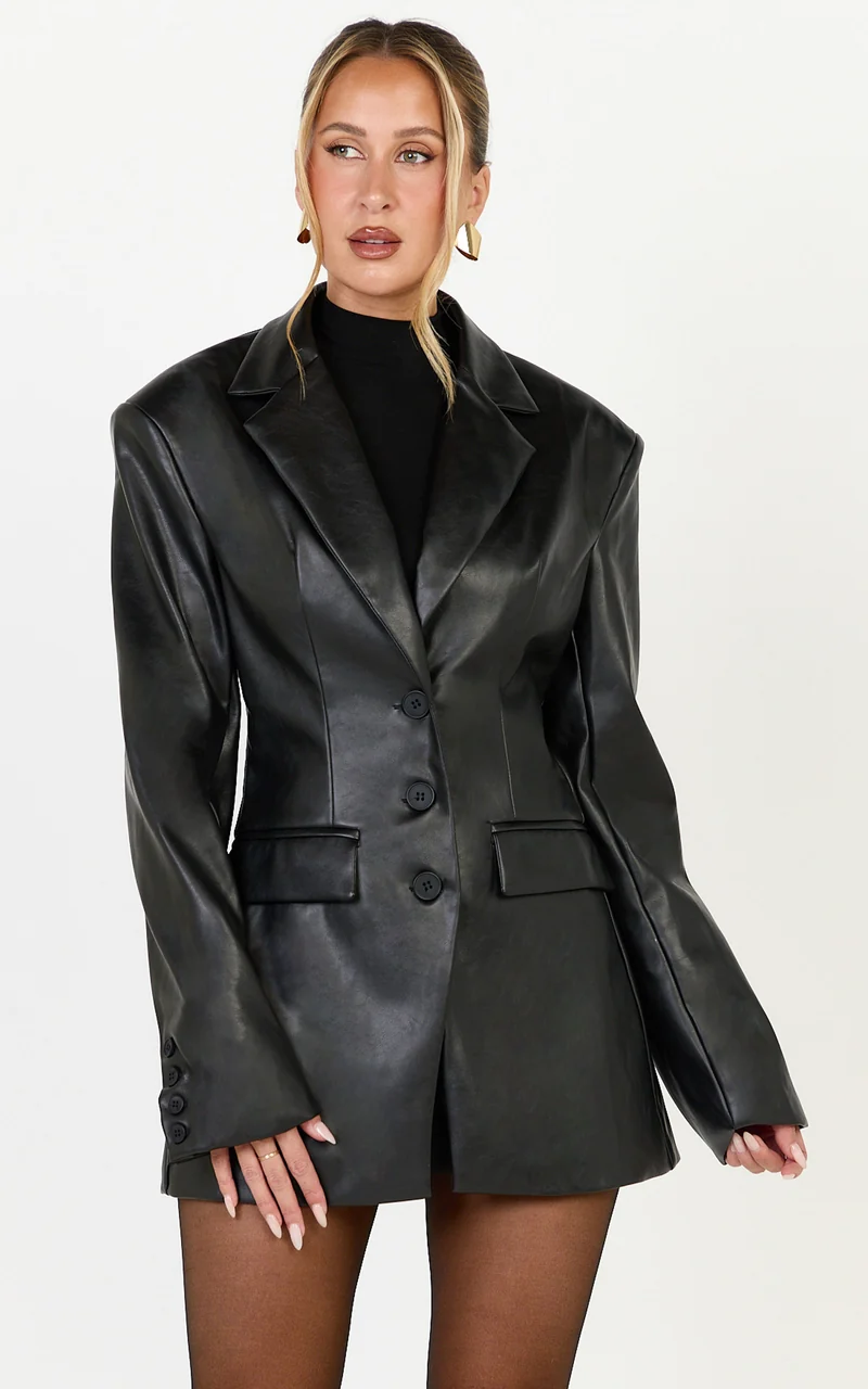 Prague Jacket - Two Button PU Blazer in Black