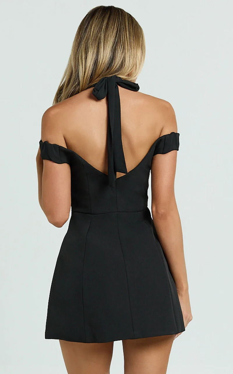 Baylee Mini Dress - Off Shoulder Button Front Tulip Skirt Dress in Black