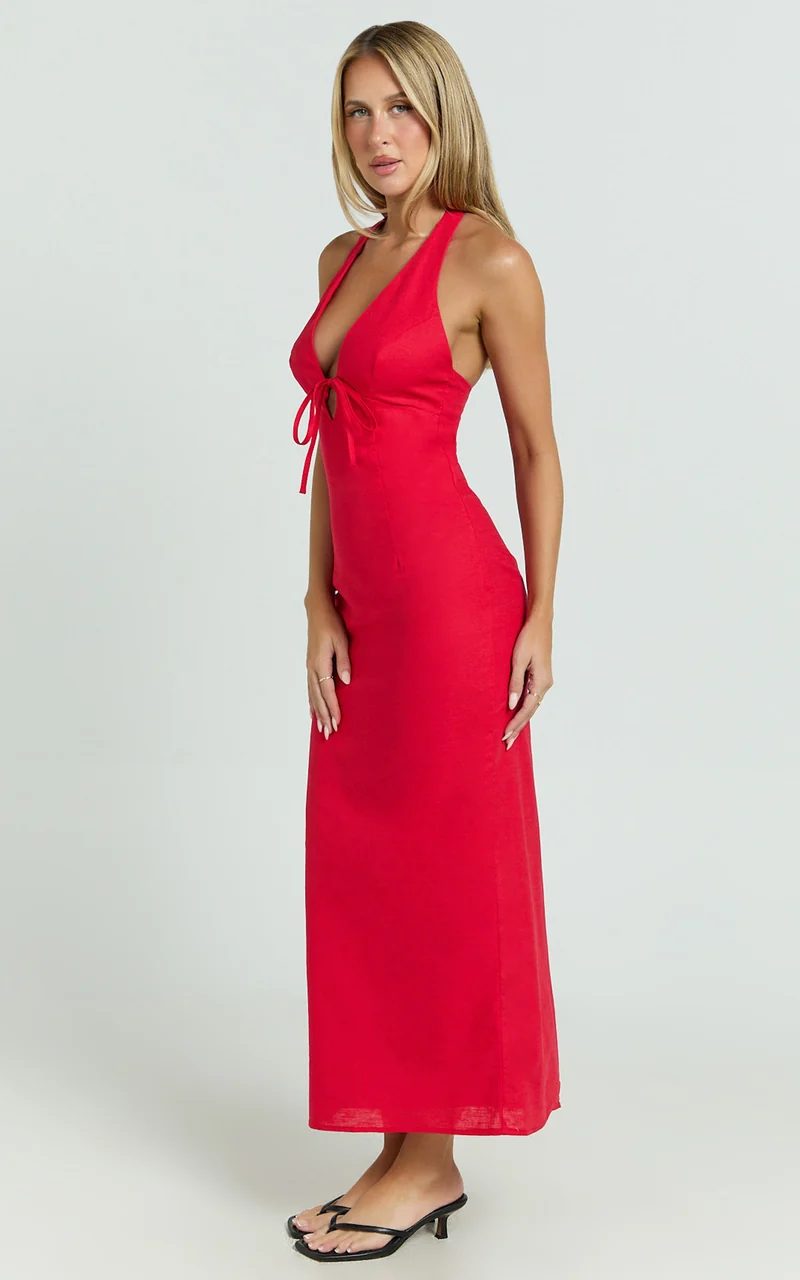 Lyla Midi Dress - Tie Front Plunge Halter Linen Blend Dress in Red
