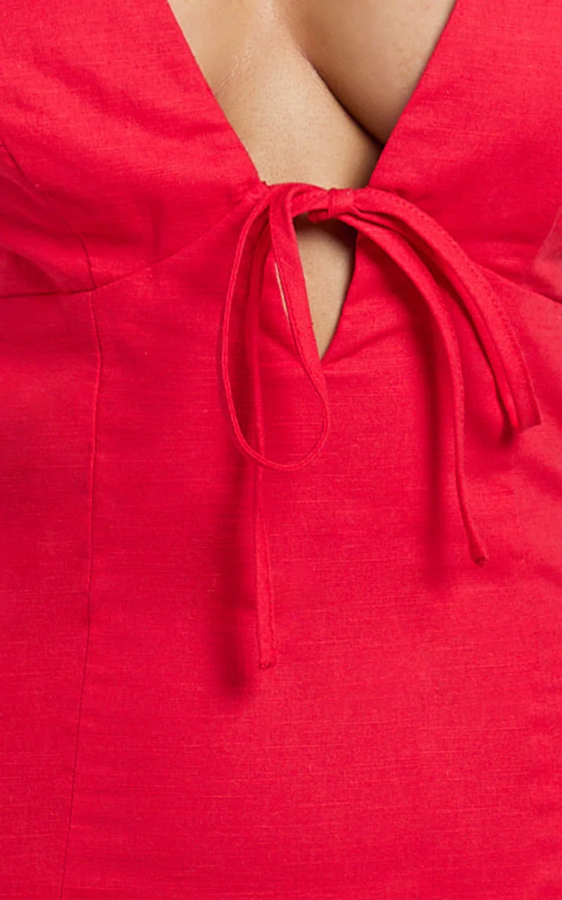 Lyla Midi Dress - Tie Front Plunge Halter Linen Blend Dress in Red