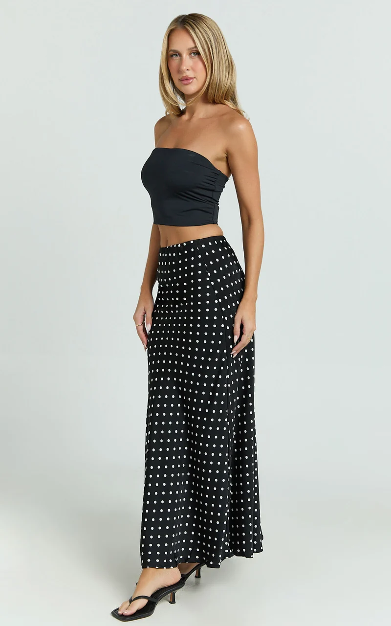 Amari Maxi Skirt - High Waisted Bias Cut Skirt in Black Polka Dot