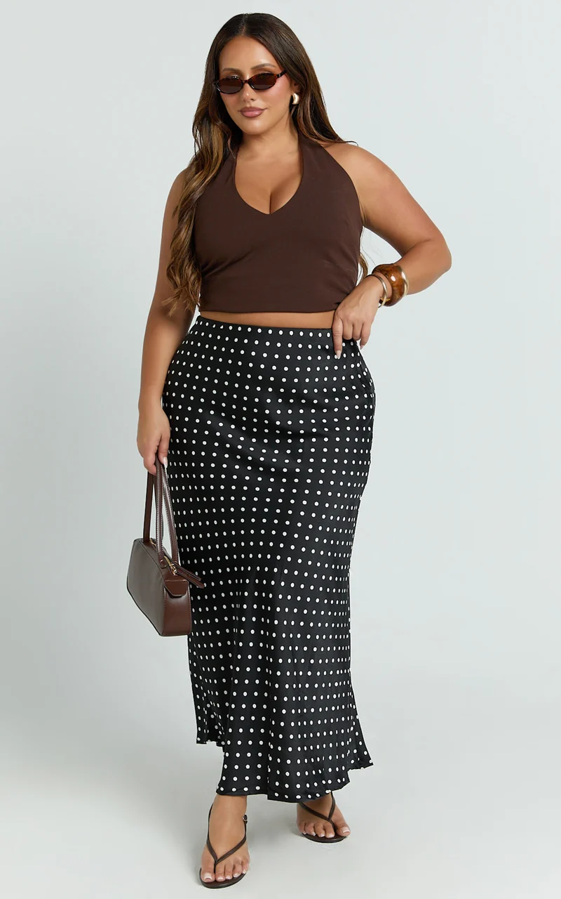Amari Maxi Skirt - High Waisted Bias Cut Skirt in Black Polka Dot