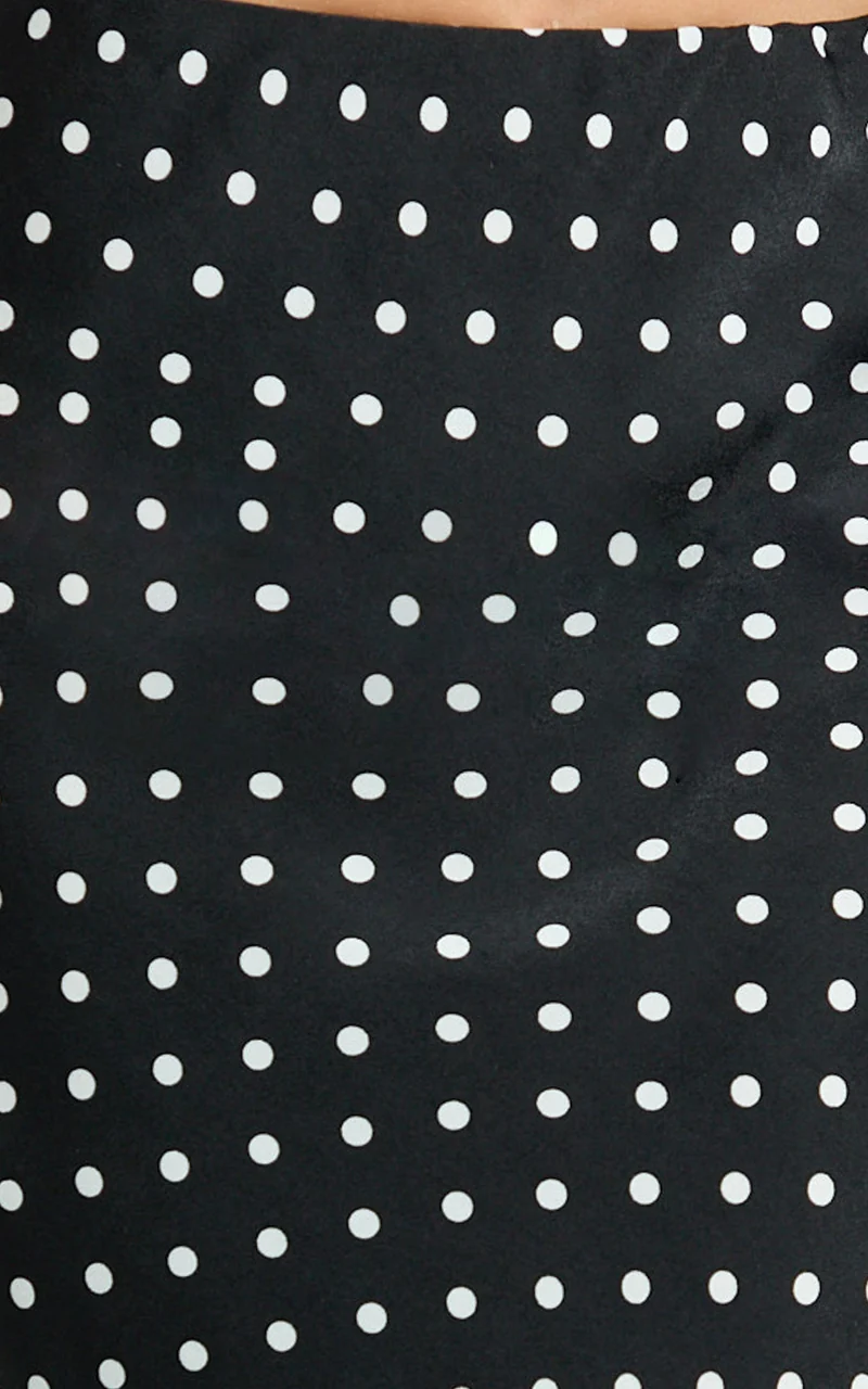 Amari Maxi Skirt - High Waisted Bias Cut Skirt in Black Polka Dot
