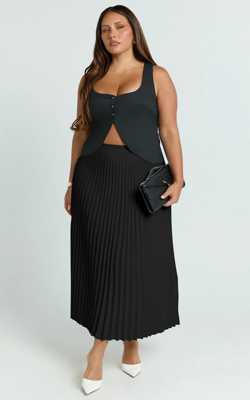 Harlee Midi Skirt - Pleated High Waist A Line Skirt in Black