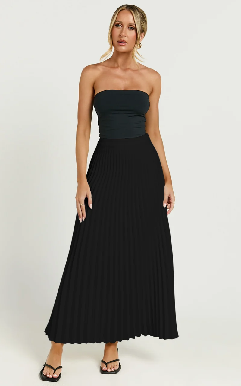 Harlee Midi Skirt - Pleated High Waist A Line Skirt in Black