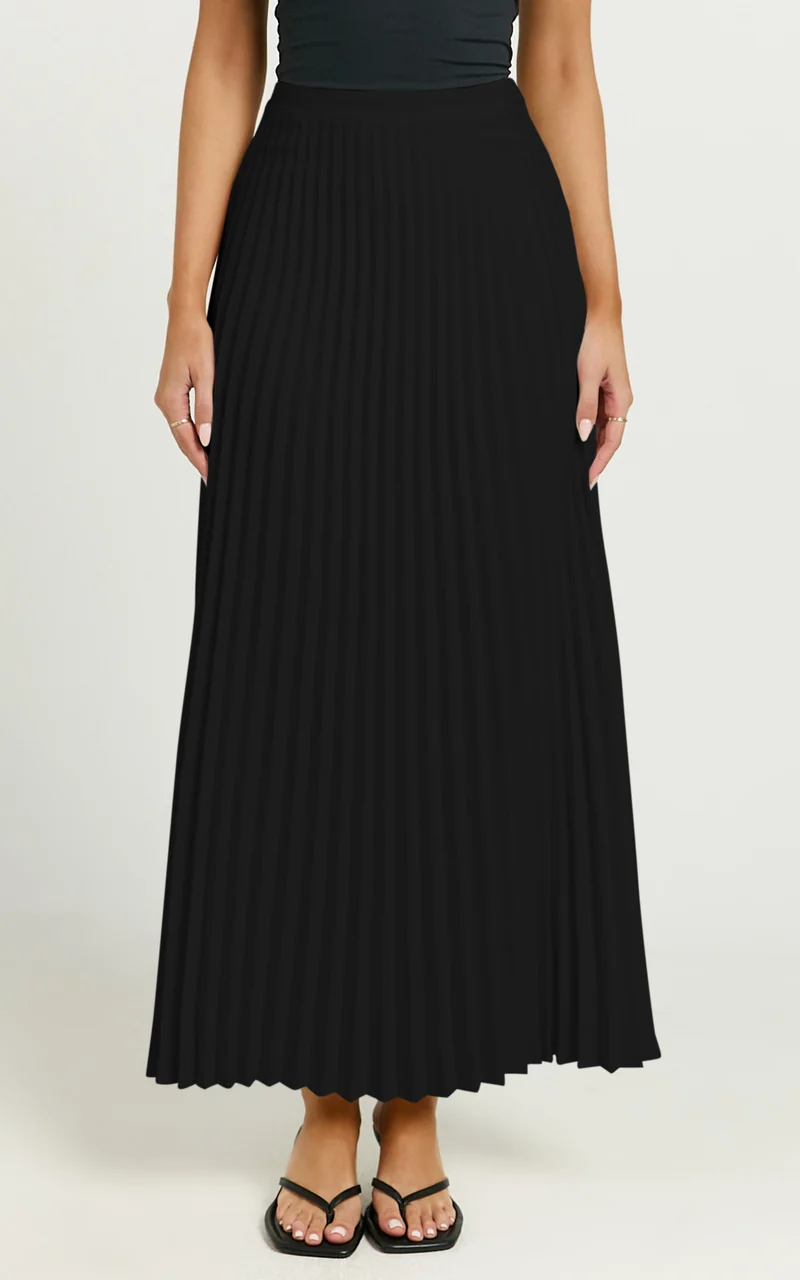 Harlee Midi Skirt - Pleated High Waist A Line Skirt in Black