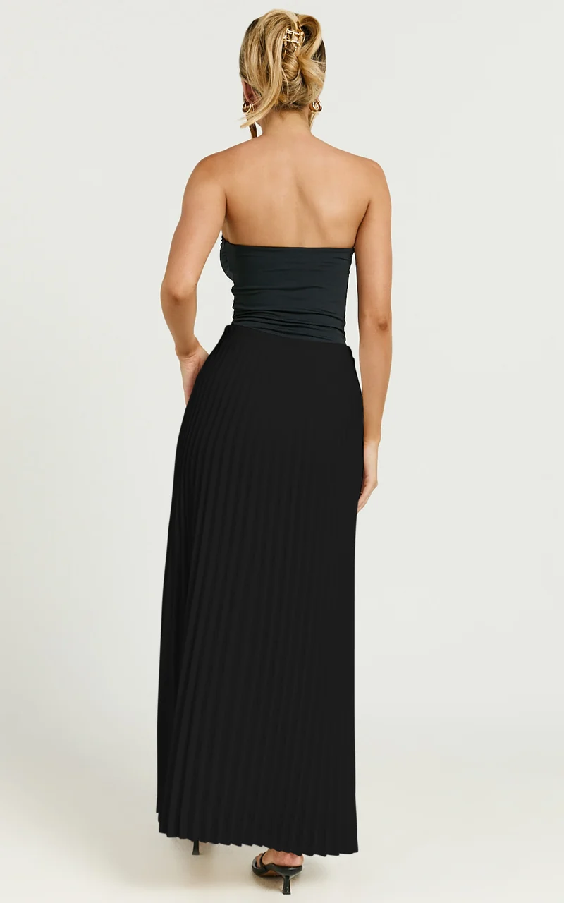 Harlee Midi Skirt - Pleated High Waist A Line Skirt in Black
