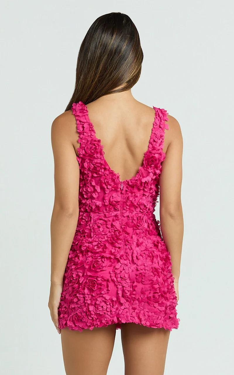 Viola Mini Dress - 3D Floral Plunge Neck Dress in Pink
