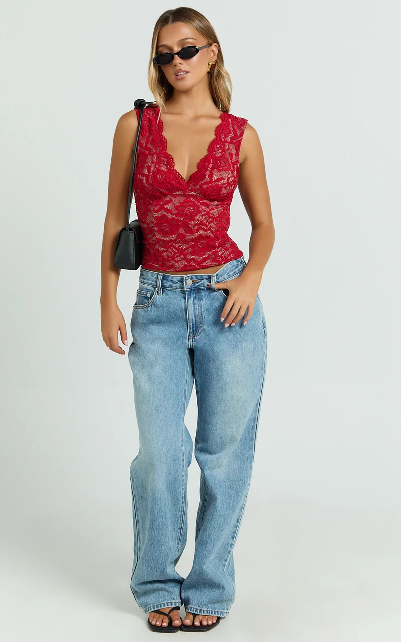 Antonia Top - V Neck Lace Detail Top in Dark Red