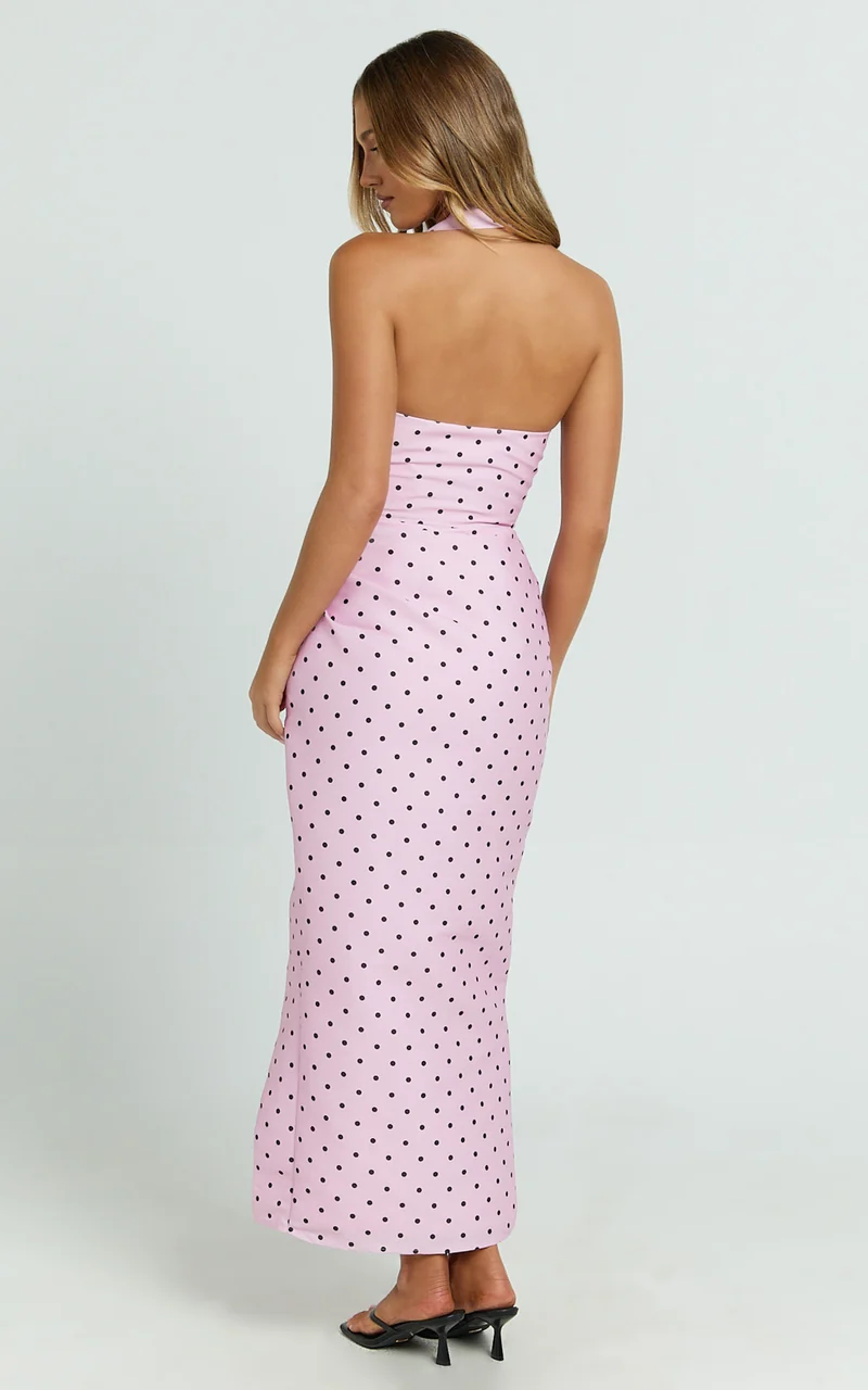 Leni Midi Dress - Halter V Neck Tucked Side Leg Split Skirt Fitted Dress in Pink