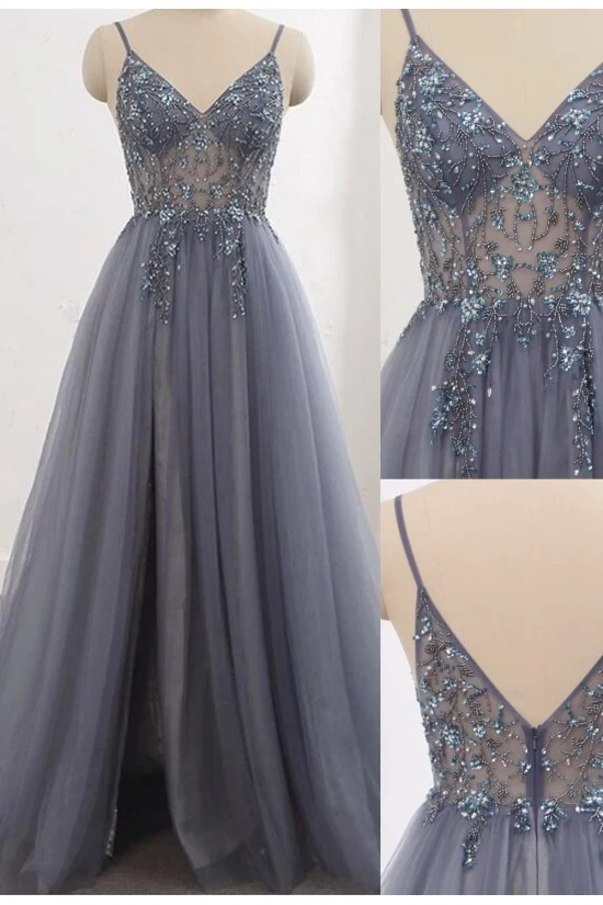 Robe de bal transparente grise avec fente latérale