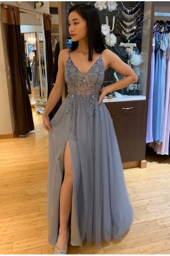 Robe de bal transparente grise avec fente latérale