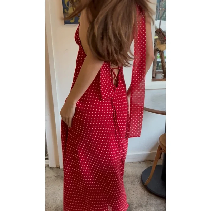 Combhasaki Women Summer Boho Thin Spaghetti Straps V-neck Lace-up Backless Dots Print Summer A-line Long Slip Dress with Scarf