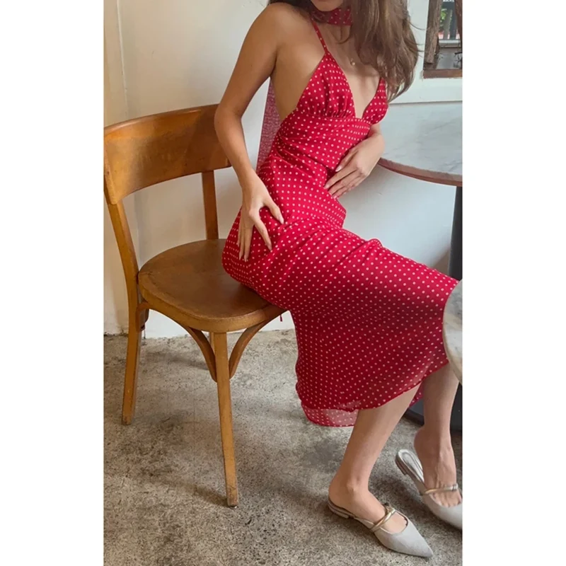 Combhasaki Women Summer Boho Thin Spaghetti Straps V-neck Lace-up Backless Dots Print Summer A-line Long Slip Dress with Scarf