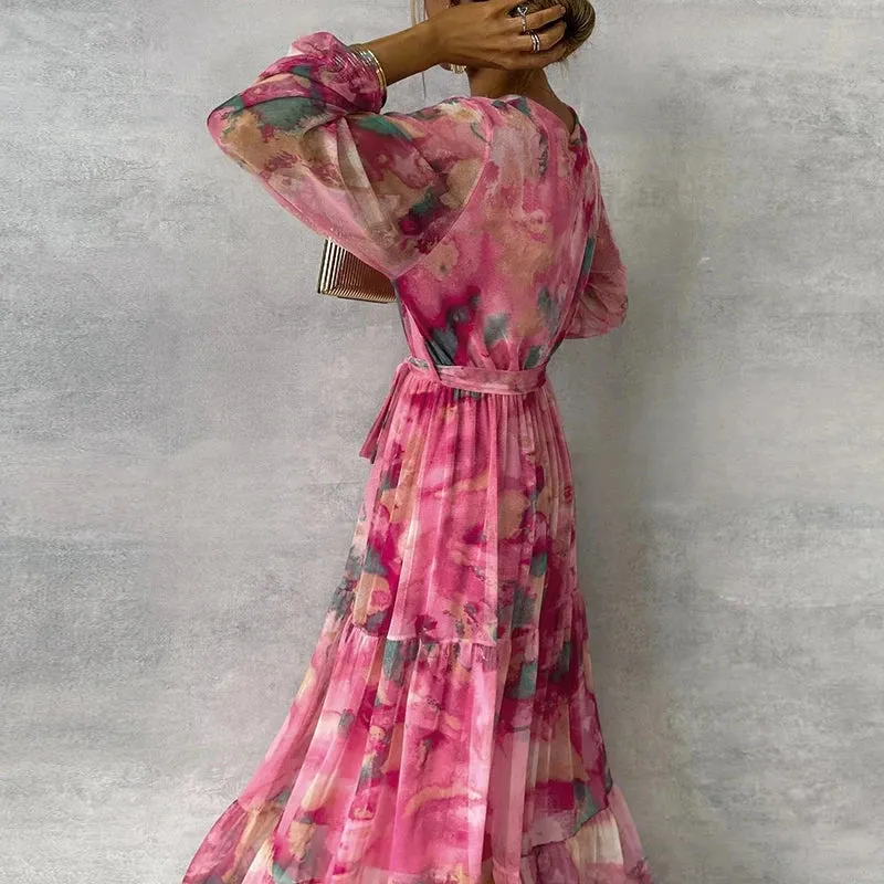 Robe bohème rose en mousseline
