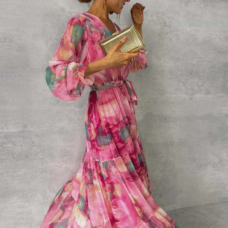 Robe bohème rose en mousseline