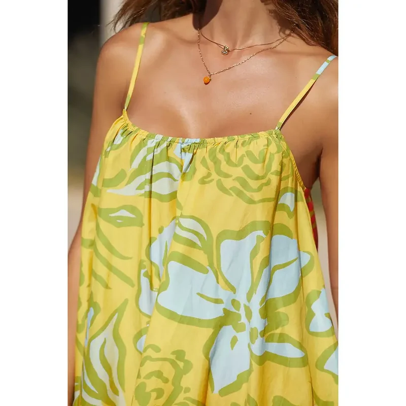 Robe d’été femme à bretelles fines jaune – Style bohème mini