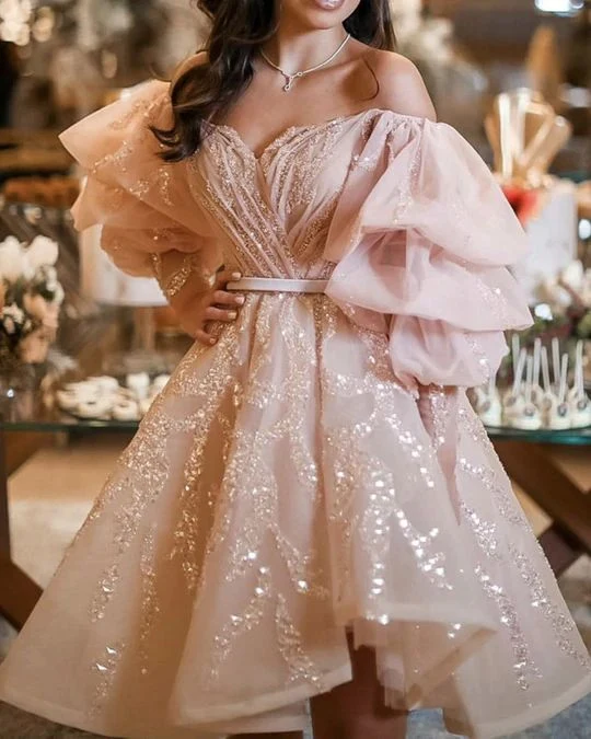 Robe formelle de remise de diplôme courte scintillante rose blush, robe de soirée