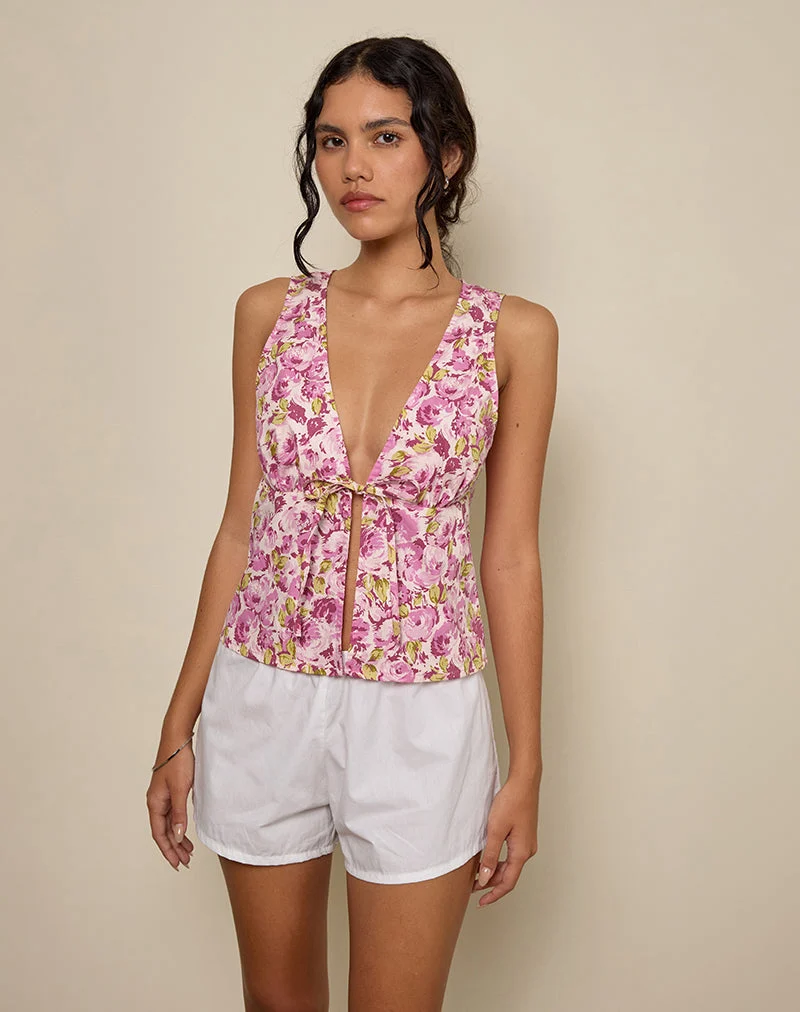 Leda Tie Front Top in Blossom Floral Pink