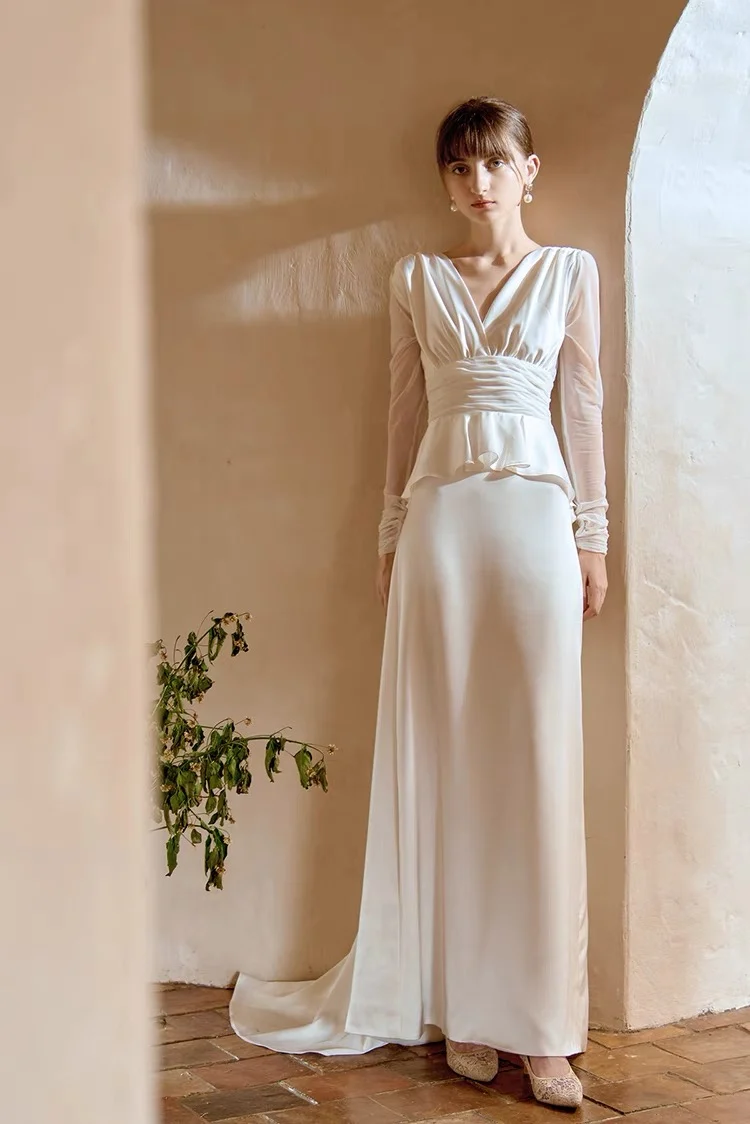 Robe de mariée vintage en georgette de soie à manches longues