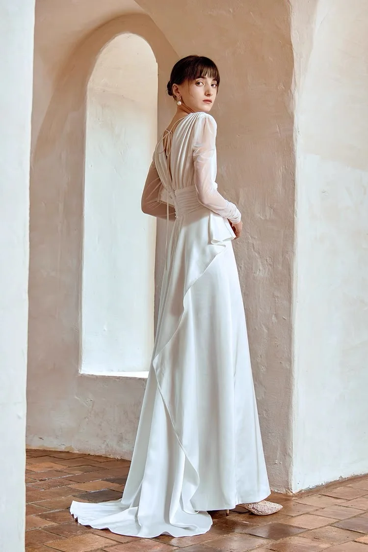 Robe de mariée vintage en georgette de soie à manches longues