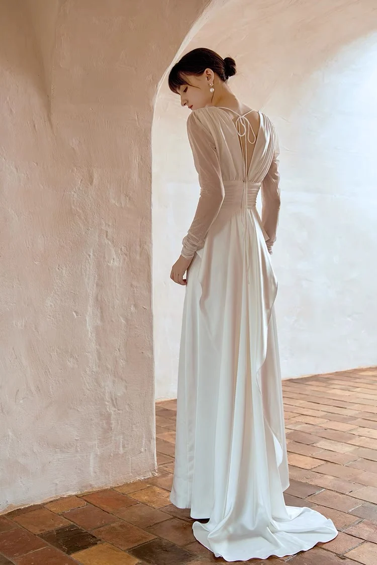 Robe de mariée vintage en georgette de soie à manches longues
