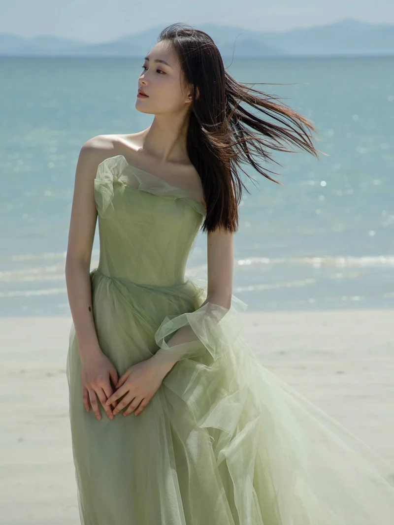Robe de mariée de plage Boho vert sauge fluide