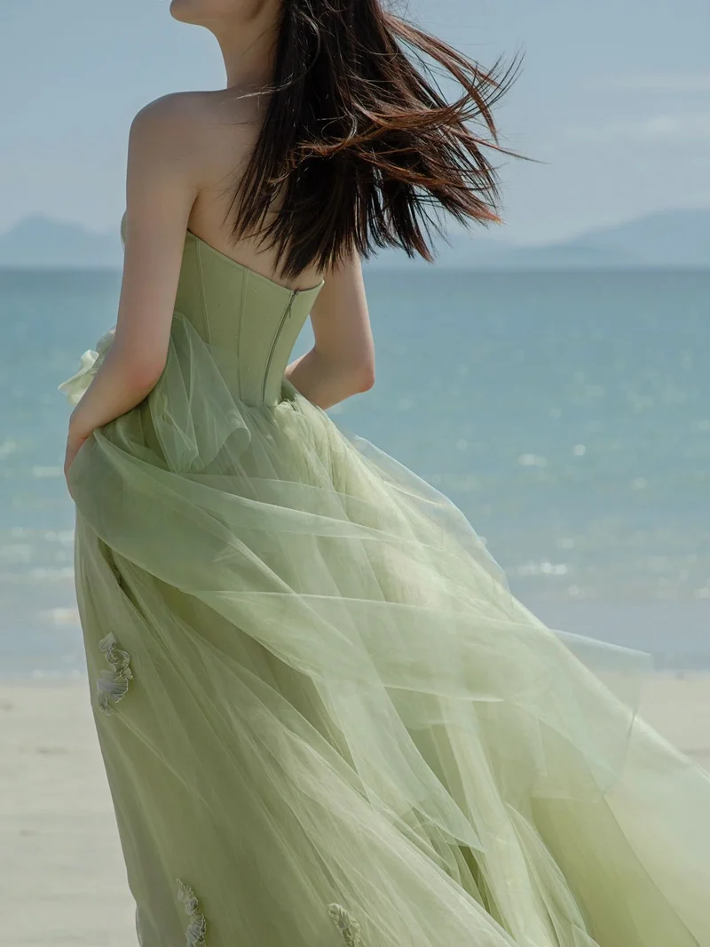 Robe de mariée de plage Boho vert sauge fluide