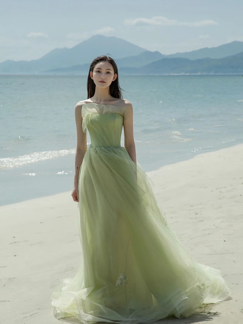 Robe de mariée de plage Boho vert sauge fluide