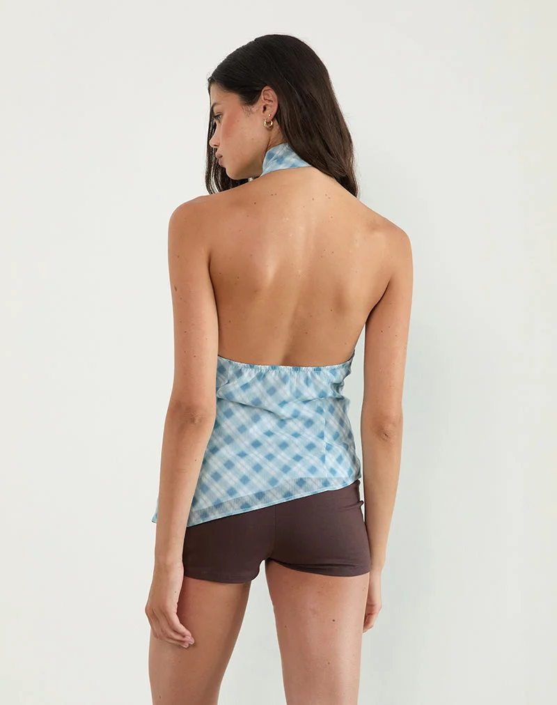 Briva Neck Tie Top in Blurred Check Blue