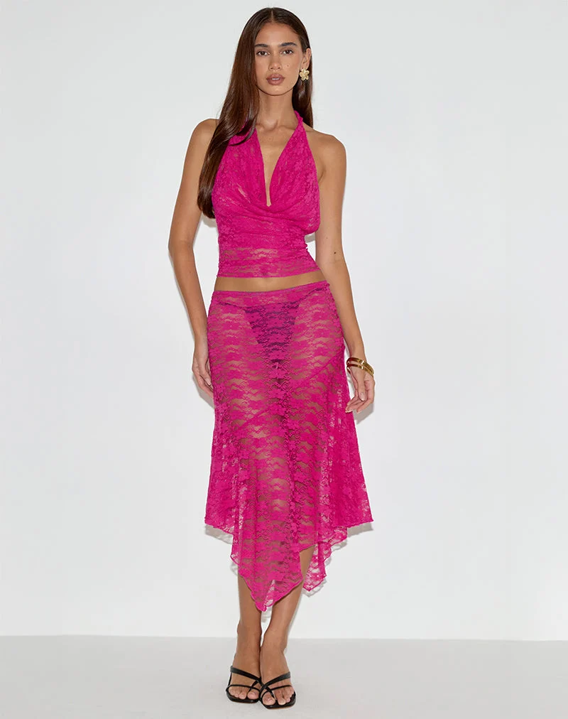 Jupe midi à taille basse Cinta, dentelle orchidée rose vif