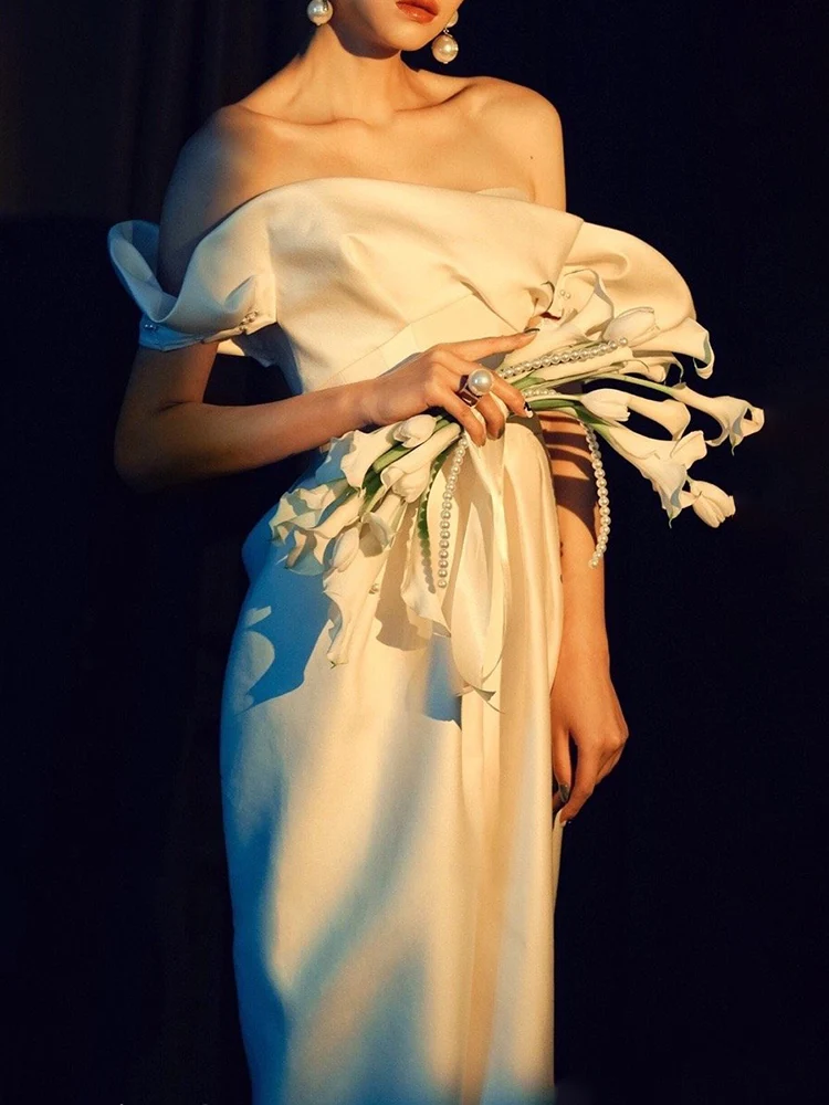 Robe de mariée en soie fourreau élégante en satin longueur cheville