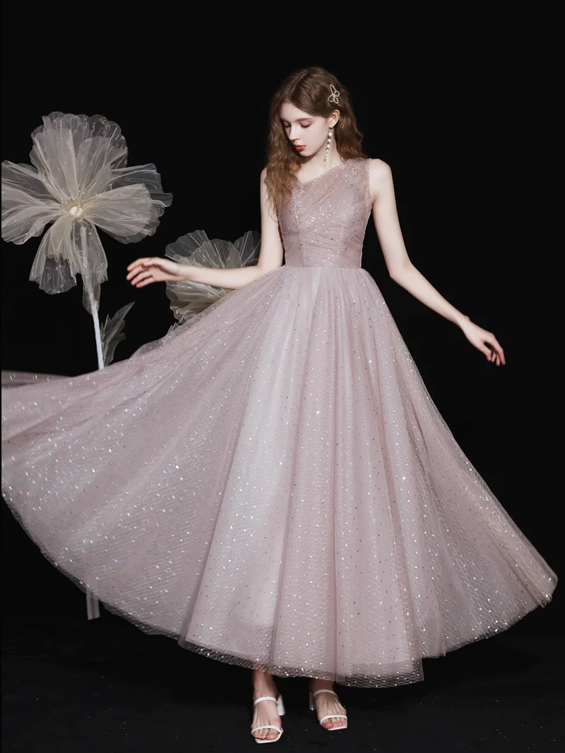 Robe de bal formelle en tulle scintillant, longueur cheville
