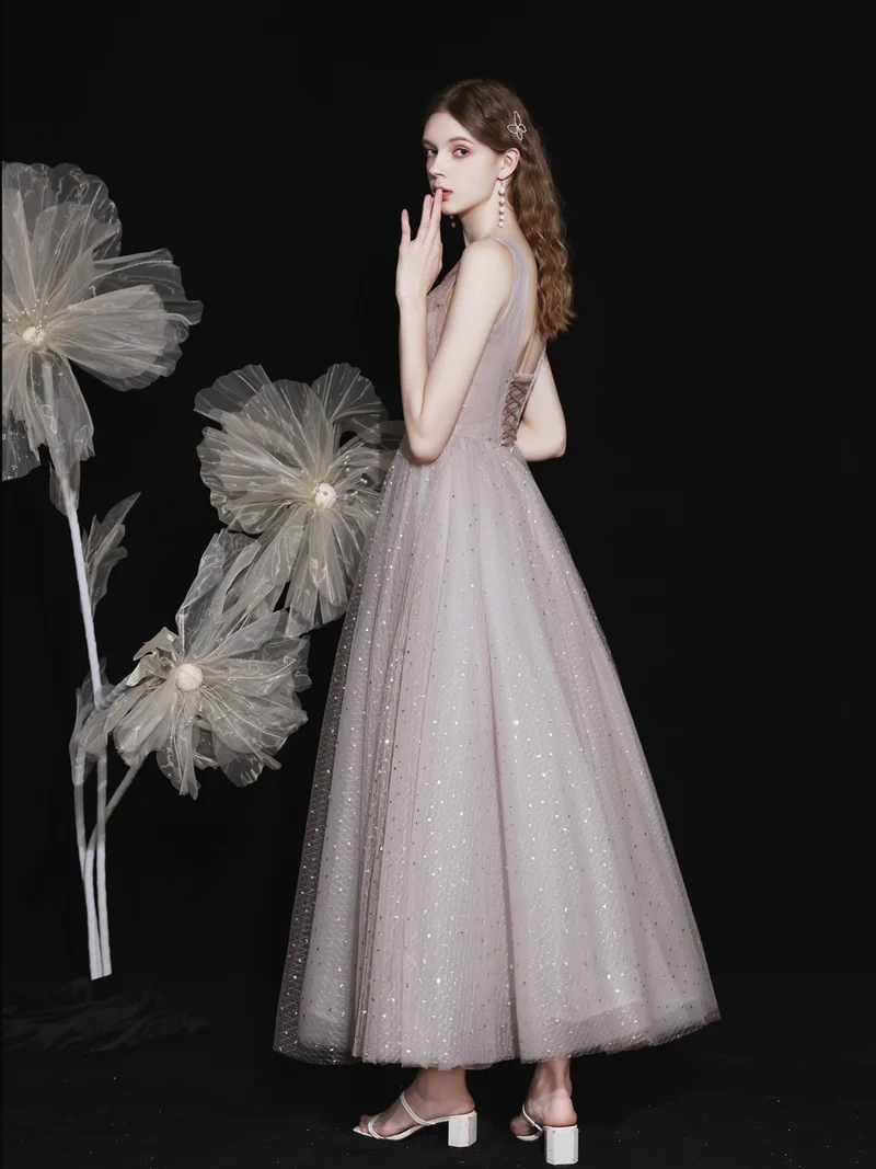 Robe de bal formelle en tulle scintillant, longueur cheville