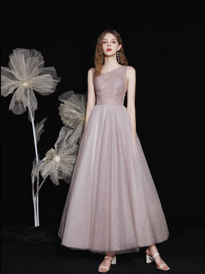 Robe de bal formelle en tulle scintillant, longueur cheville