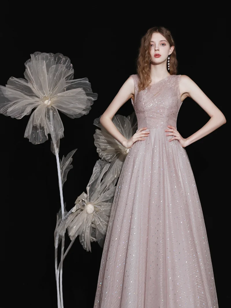 Robe de bal formelle en tulle scintillant, longueur cheville