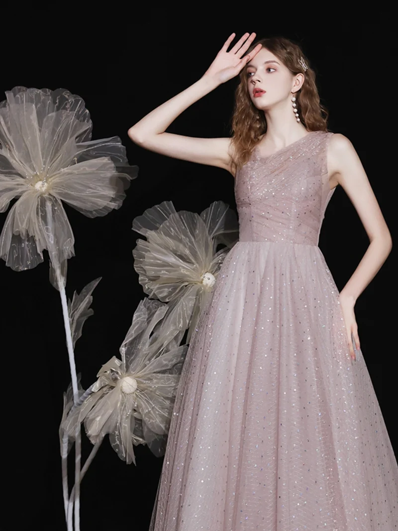 Robe de bal formelle en tulle scintillant, longueur cheville