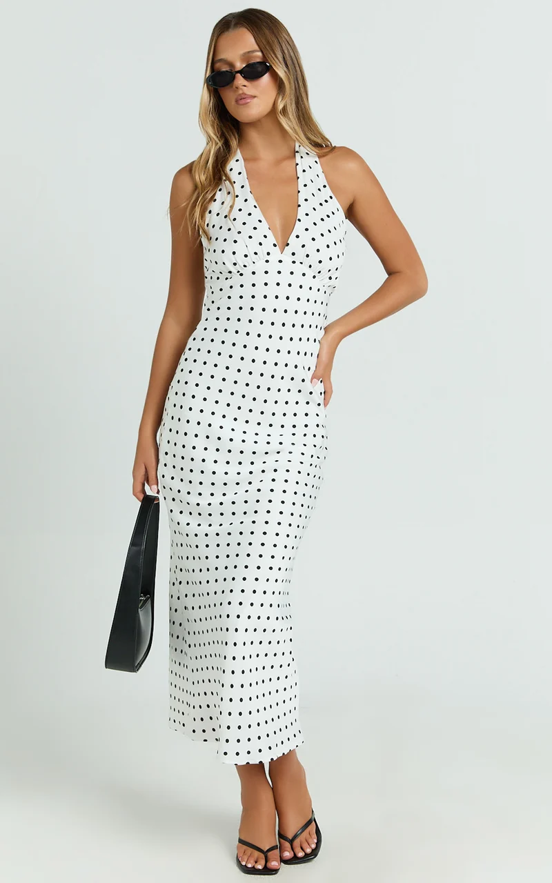 Grayson Midi Dress - Tie Halter Neck Slip Dress in White / Black