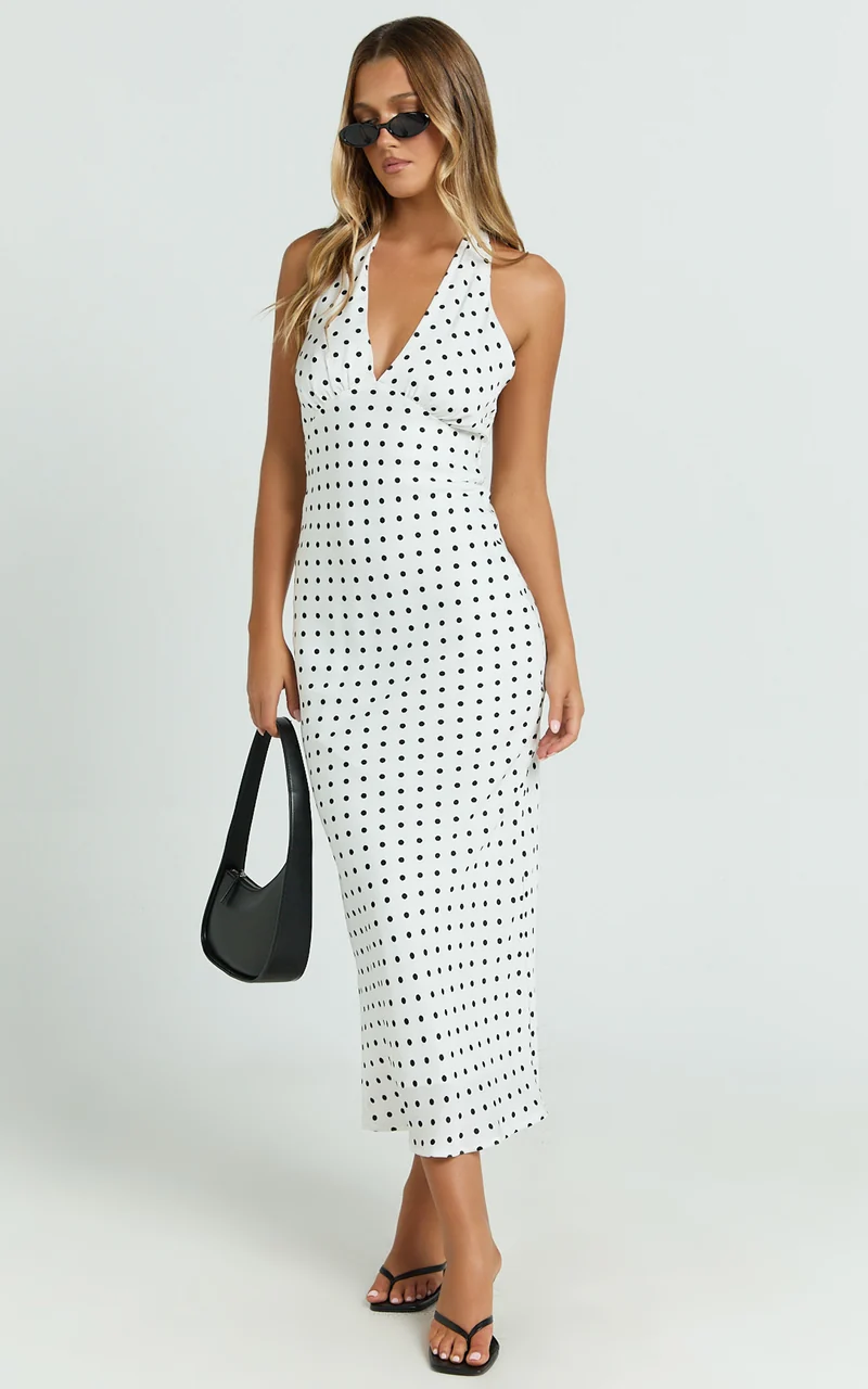 Grayson Midi Dress - Tie Halter Neck Slip Dress in White / Black