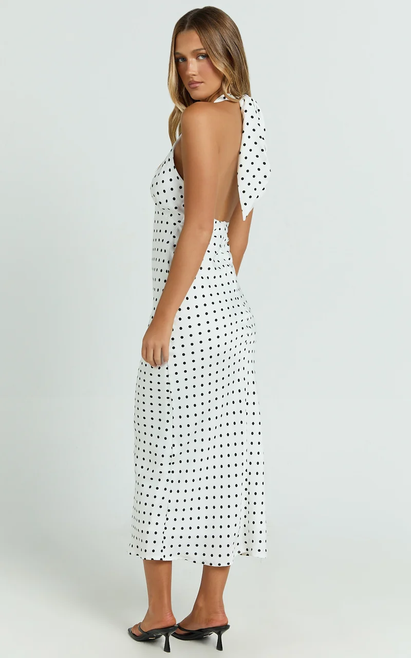 Grayson Midi Dress - Tie Halter Neck Slip Dress in White / Black