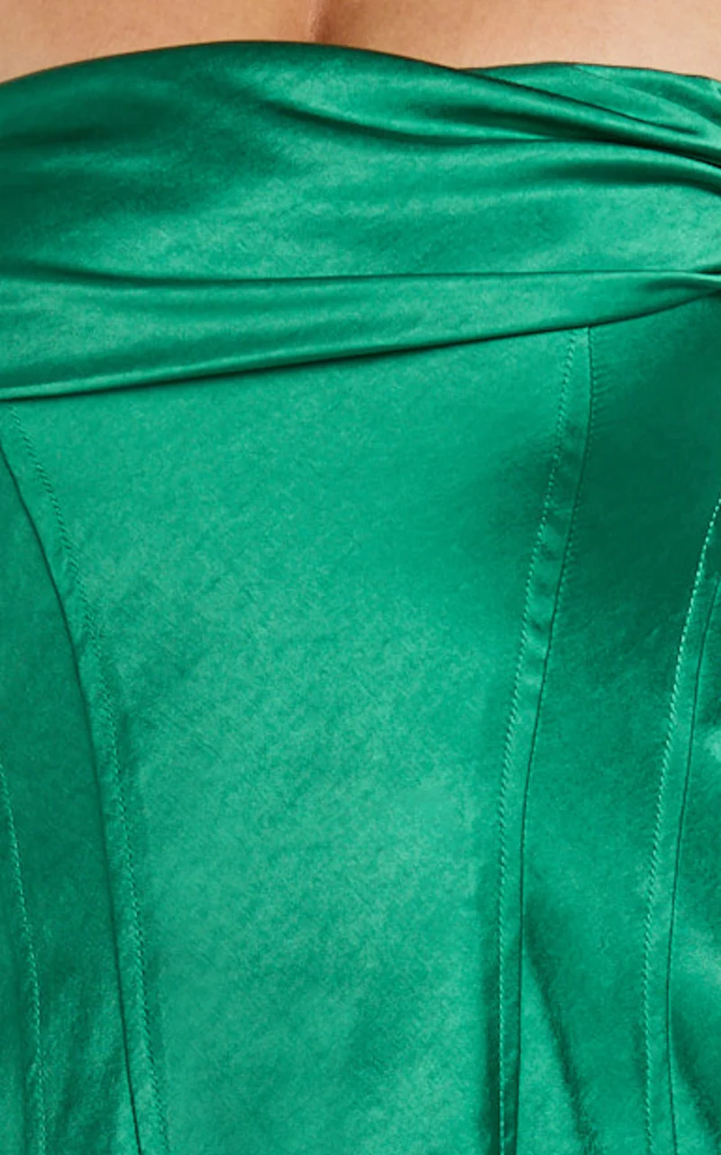 Izzy Mini Dress - Long Sleeve Off Shoulder Satin Slip Dress in emerald