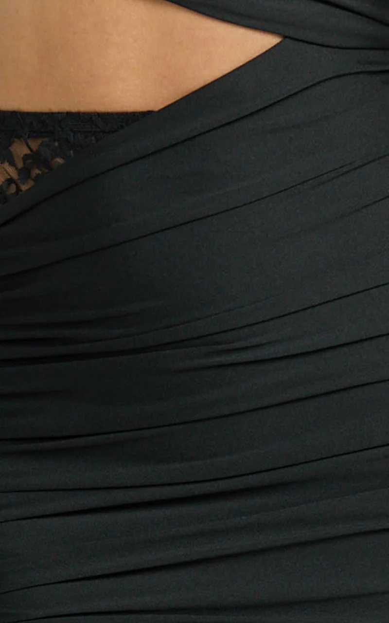 Ferguson Maxi Dress - One Shoulder Draped Jersey and Lace Dress in Black