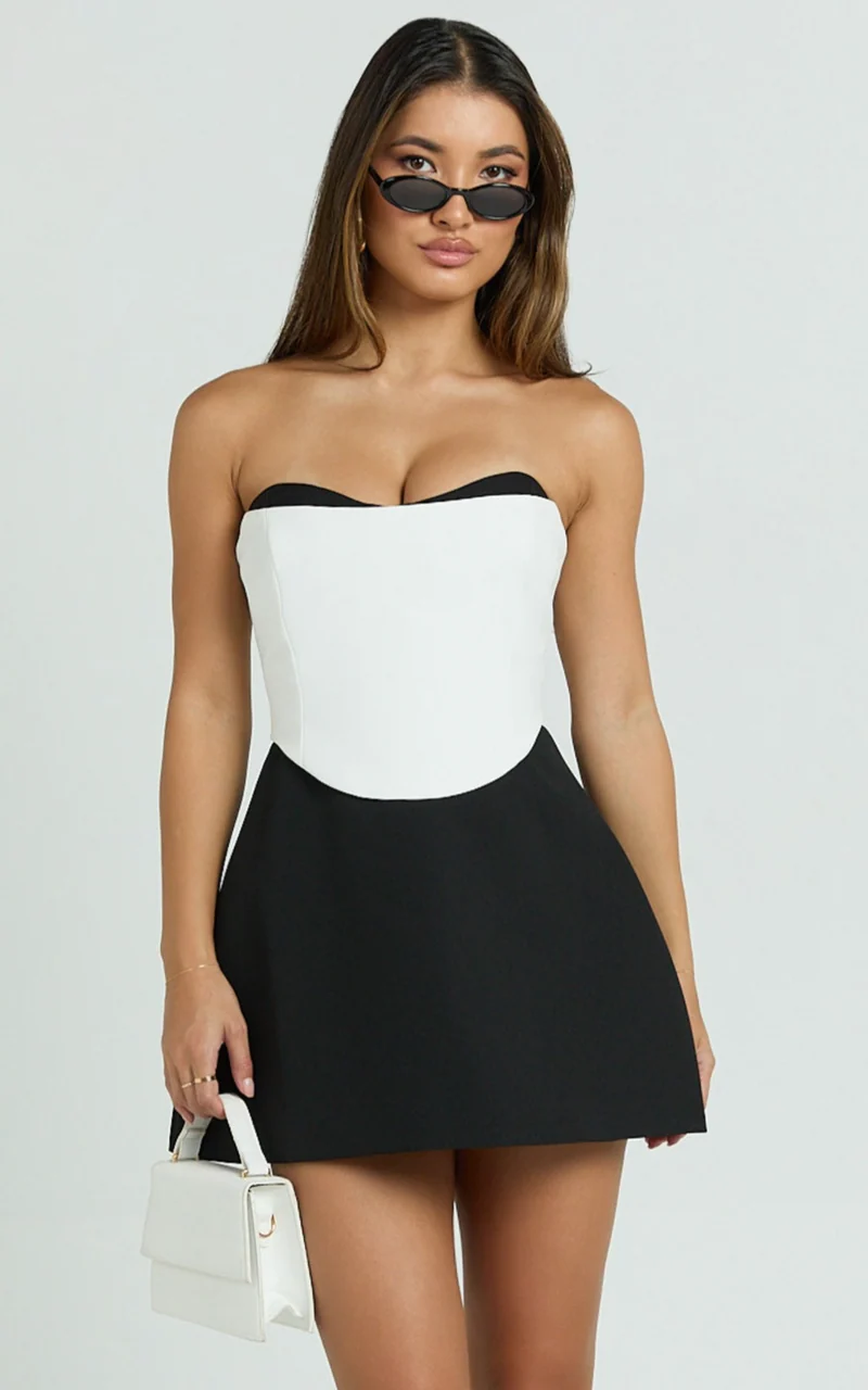 Loissa Mini Dress - Strapless Corset Waist Contrast Colour Tulip Skirt Dress in Black